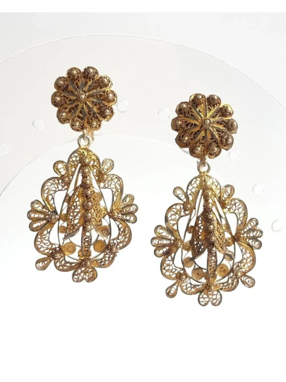 Portuguese Princess Gold Toned Dangle Screw Back Filigree Vintage Earrings
